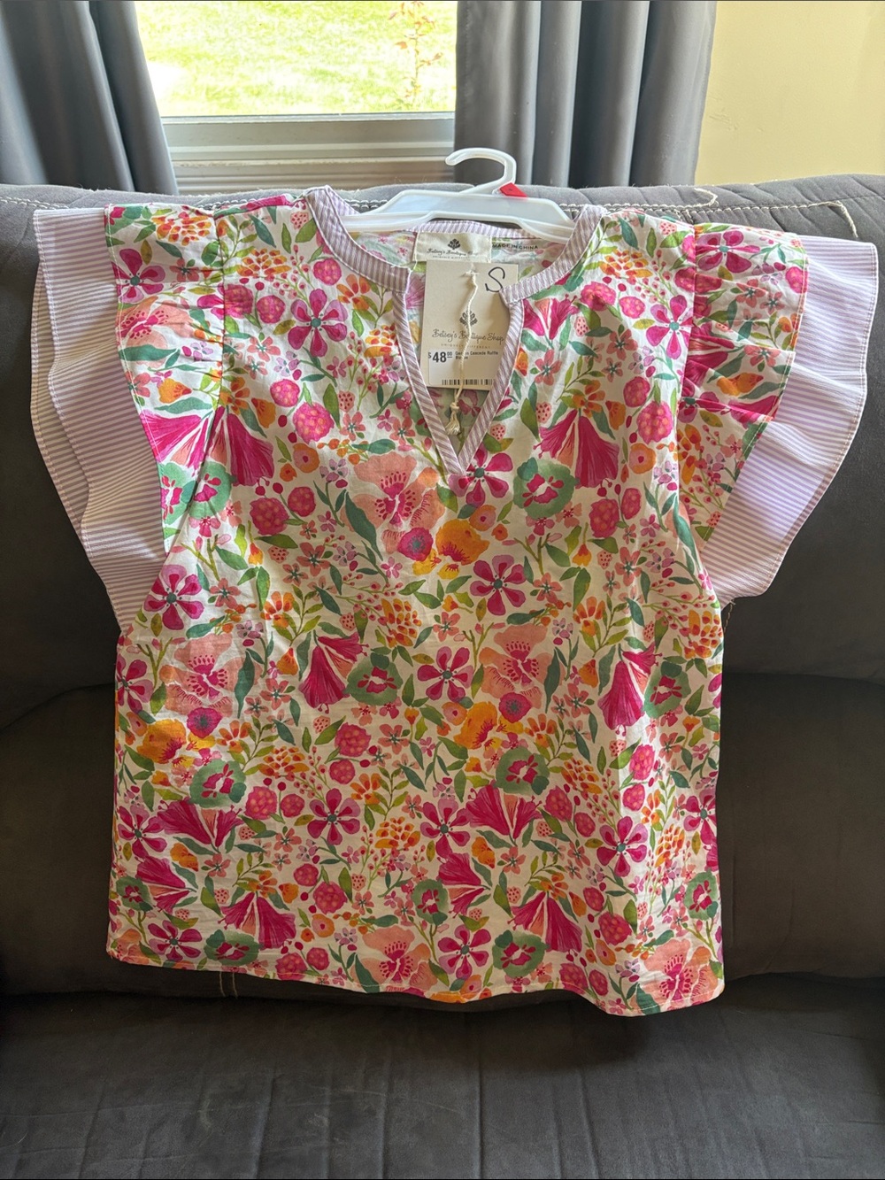 Womens Floral Flutter-Sleeve Blouse - Pink Multi
